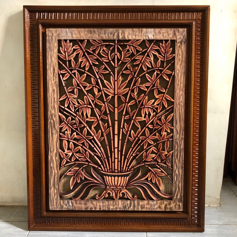 Hiasan Dinding Pahat/Ukir Motif Bambu  Minimalis Kayu mahoni