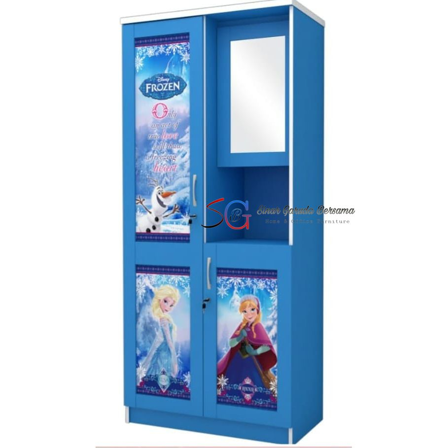 LEMARI PAKAIAN ANAK PEREMPUAN 2 PINTU KACA DALAM KARAKTER FROZEN / LEMARI BAJU ANAK CEWEK WARNA BIRU