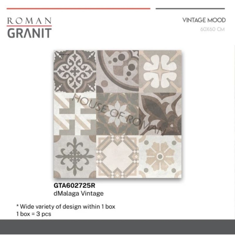 Roman Granit dMalaga Vintage 60x60 / granit vintage / lantai vintage / lantai motif / lantai tegel / tegel murah / tegel jakarta / keramik tegel / tegel