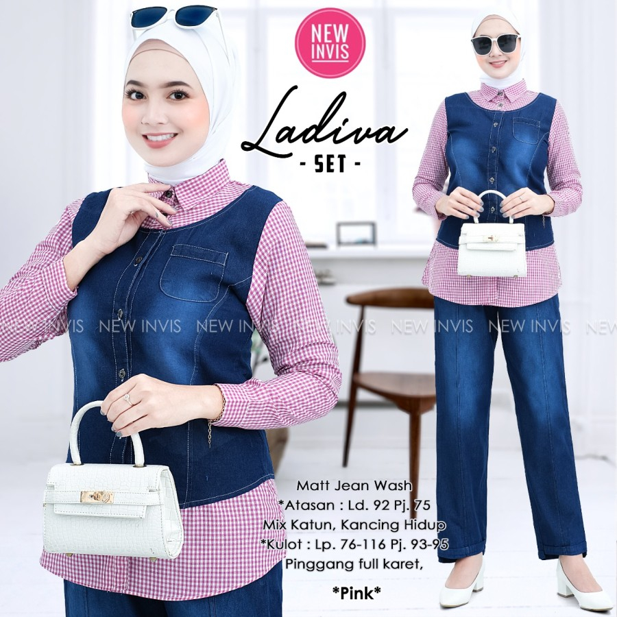 Ladiva Set Setelan Blouse Kemeja Vero dan Celana Amanda Navy BMJ
