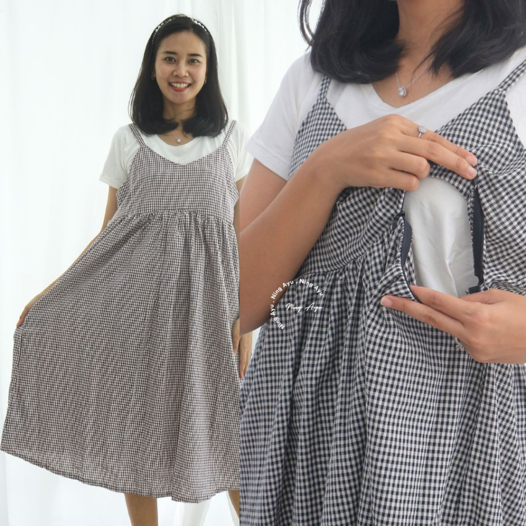 NING AYU Casual Diana Dress Overall Set Inner Baju Hamil Menyusui Kekinian Murah Modis Katun Adem - 
