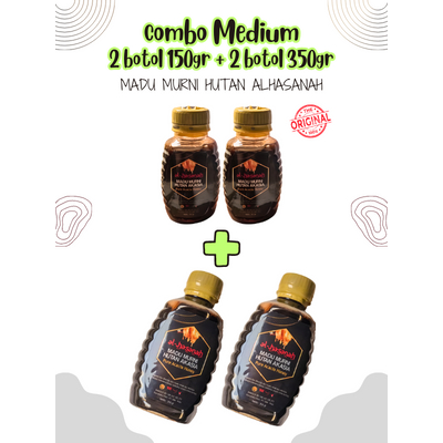 

COMBO MEDIUM (2 BOTOL @ 150 GRAM + 2 BOTOL @ 350 GRAM)_Madu Hutan Murni Al Hasanah_Madu Asli_Pure 100% Honey_Full Nectar_Original_Guarantee