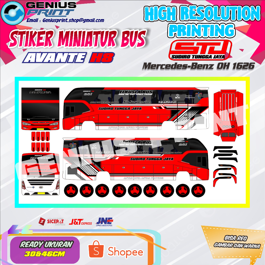 Stiker Mainan  Miniatur Bus Avante H8 Sudiro Tungga Jaya (STJ) #1 Uk. 30/46cm