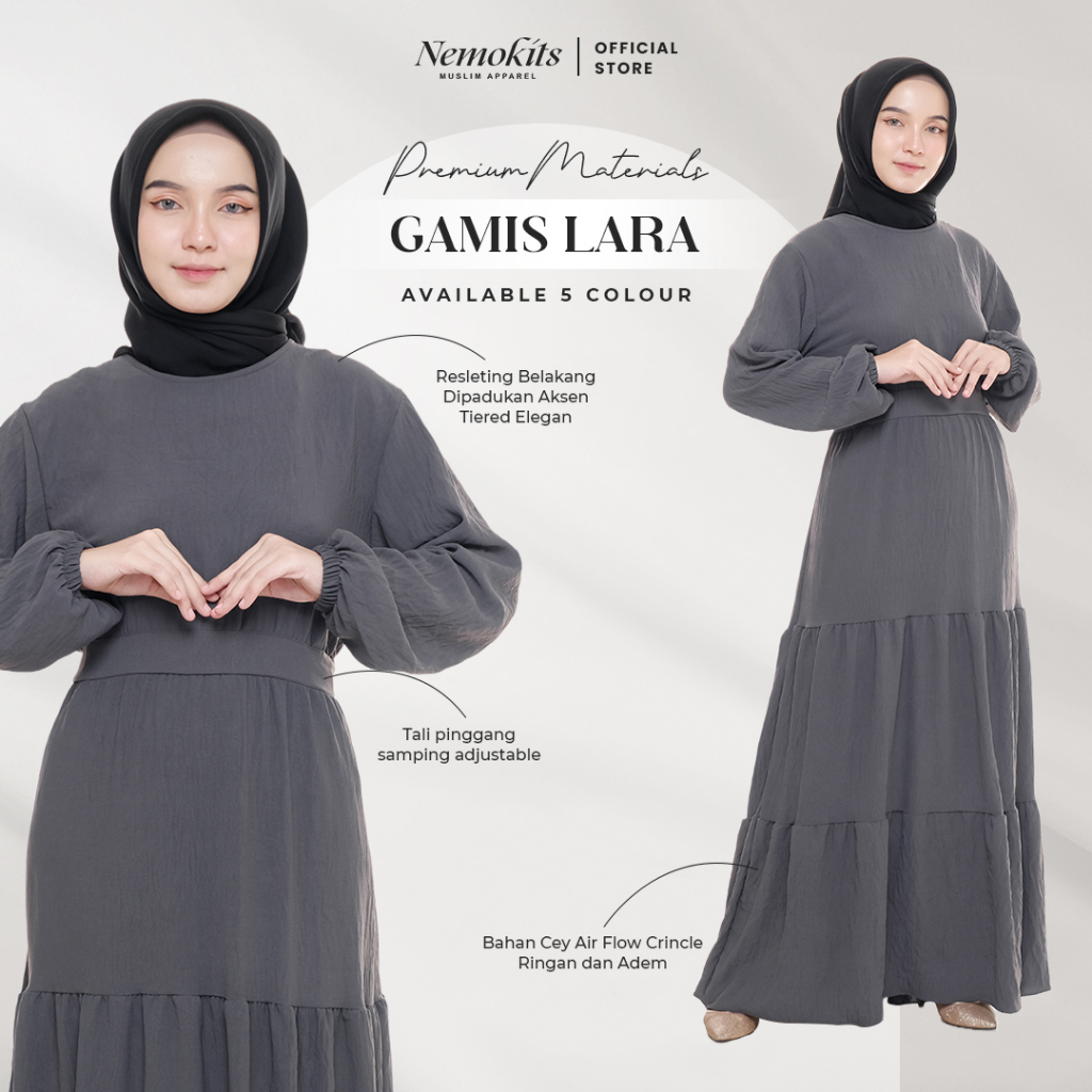 NEMOKITS Gamis Lara - Gamis Polos Tiered Maxi Dress Pakaian Muslim Wanita Bahan Crinkle Warna Abu Tu