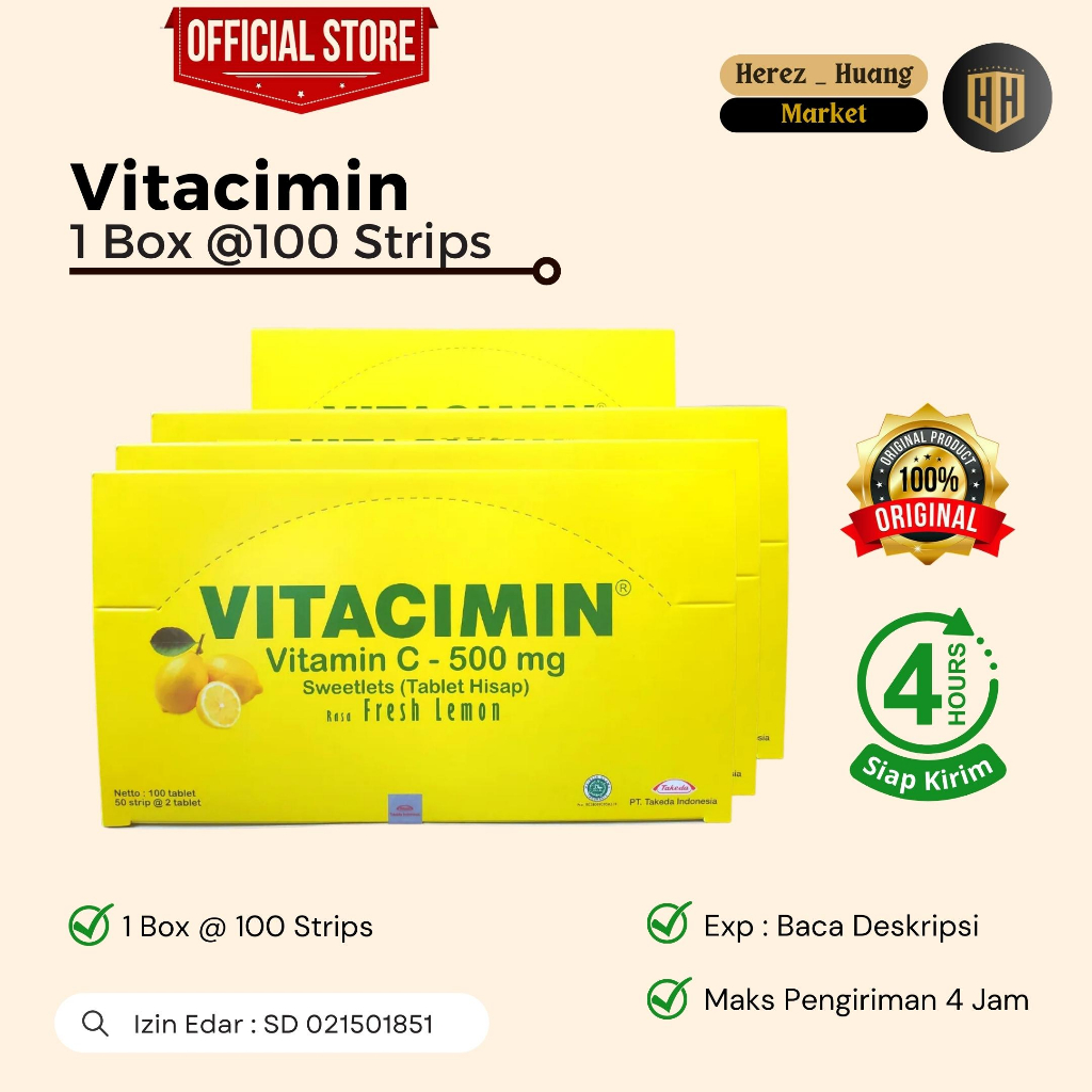 Promo VITACIMIN LEMON C-500mg, Vitamin C Rasa Lemon 1 box Isi 100 tablet / 50 Strips Lemon Termurah