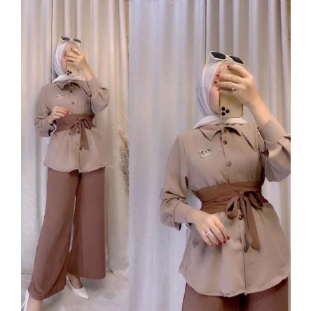 Baju Satu Set Crinkle Free Belt / One Set Polos Baju Wanita Polos Kombinasi