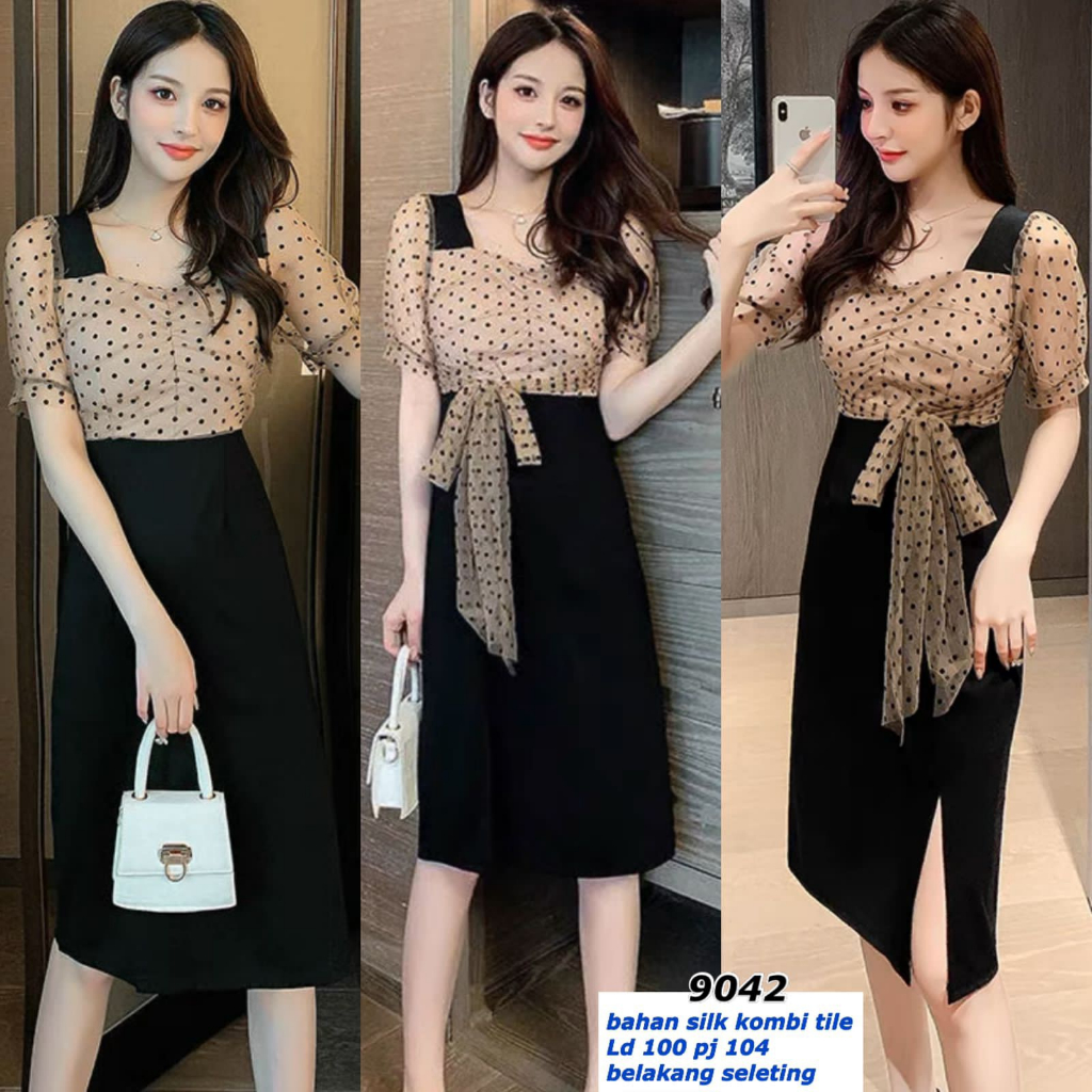 Midi Dress Slit Belahan Tile Polka| Bahan Silk Kombi Tile