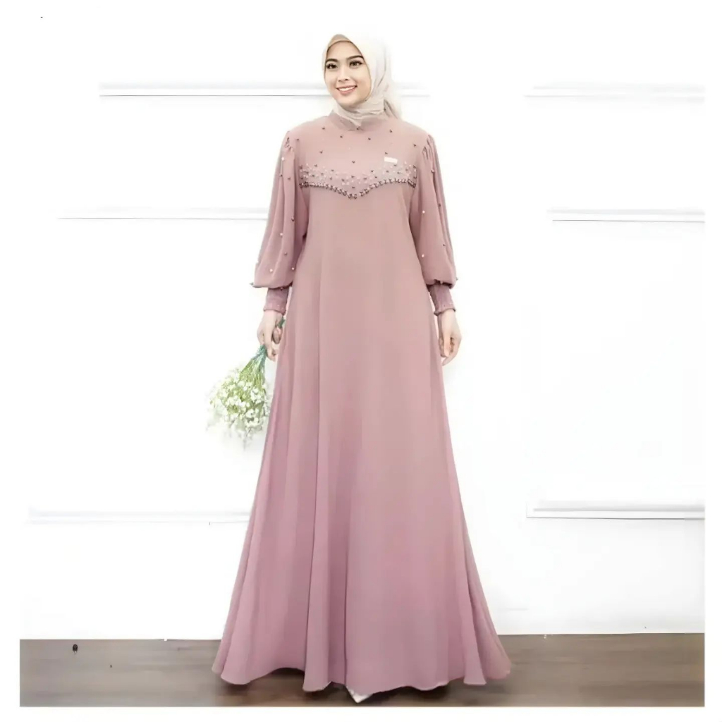 Viera Dress // Gamis Cringkle Airflow Mix Mutiara Payet Cantik Lengan Balon Busui Friendly Model Mayung All Size  M L XL Warna Sage Premium // Gamis Lebaran Jumbo Terbaru 2024 // Gamis Pesta Mewah Elegant Kekinian // Gamis Kondangan Fashion Wanita Muslim