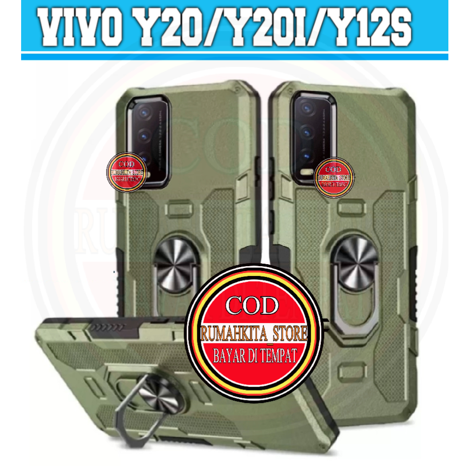 CASE VIVO Y20 / Y20i / Y12S NEW Soft Case Robot Hit EYE Ring Standing Hard Case Carbon