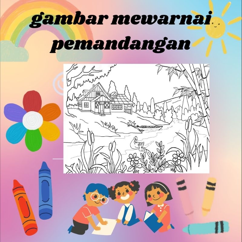 gambar mewarnai pemandangan anak PAUD/TK/SD