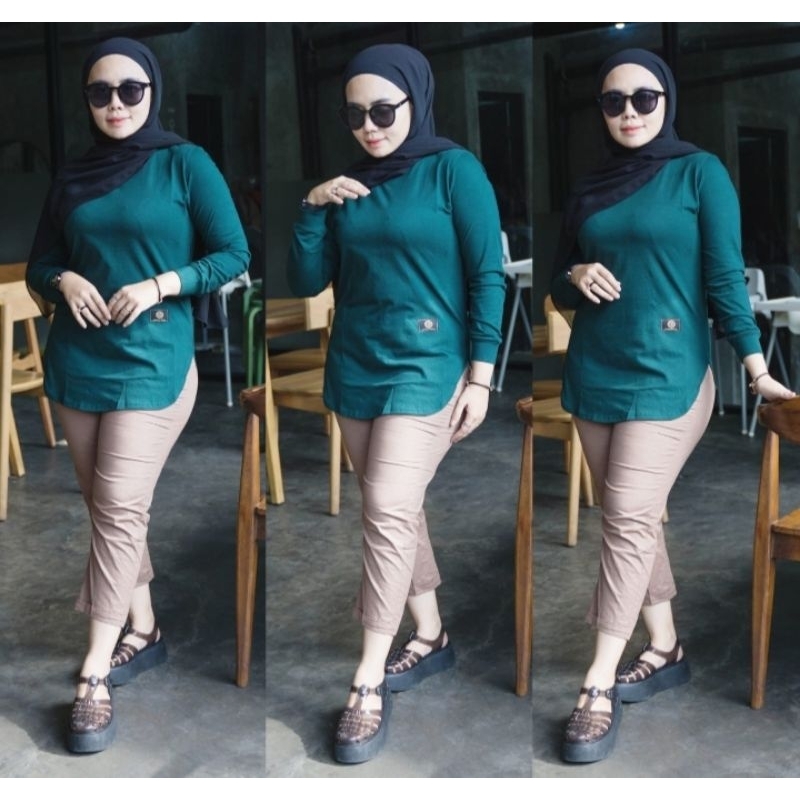 Baju Kaos Wanita Lengan Panjang Dinary Warna Hijau Botol / Atasan Wanita / Kaos Wanita / Atasan Wani