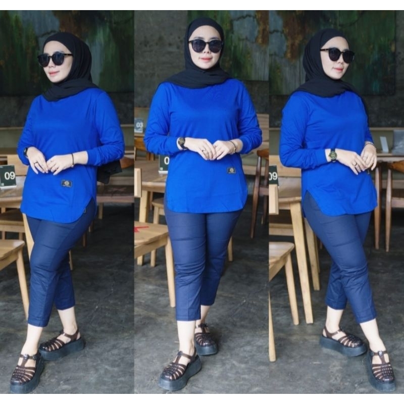 Baju Kaos Wanita Lengan Panjang Dinary Warna Biru Elektrik / Atasan Wanita / Kaos Wanita / Atasan Wa
