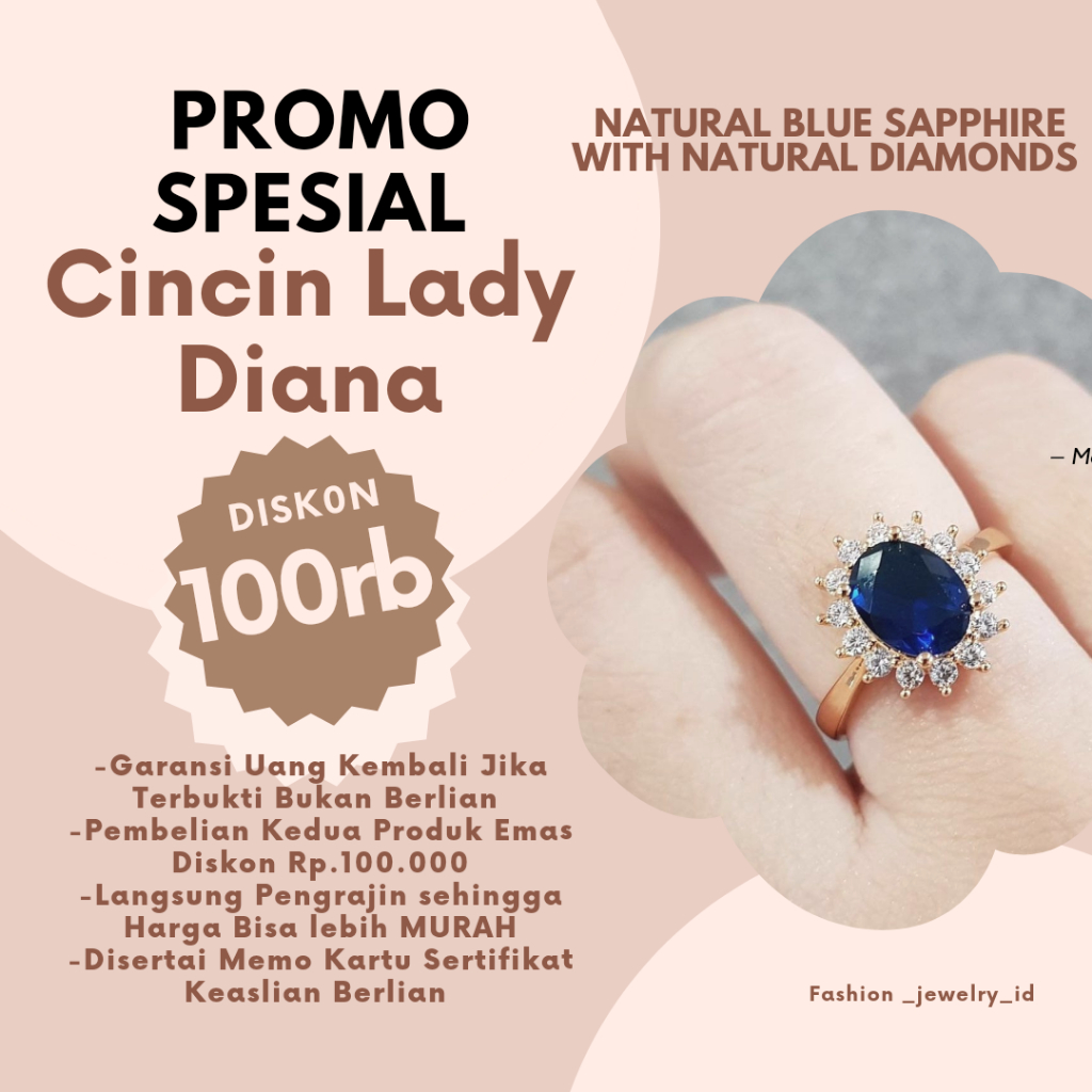 Cincin lady diana emas 400 blue safir berlian eropa