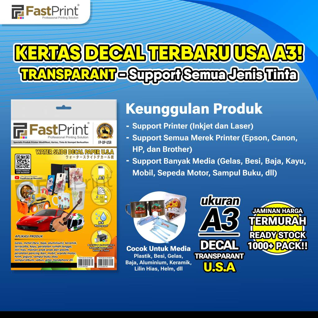 

Fast Print Kertas Waterslide Decal Transparant USA A3 150 Gram