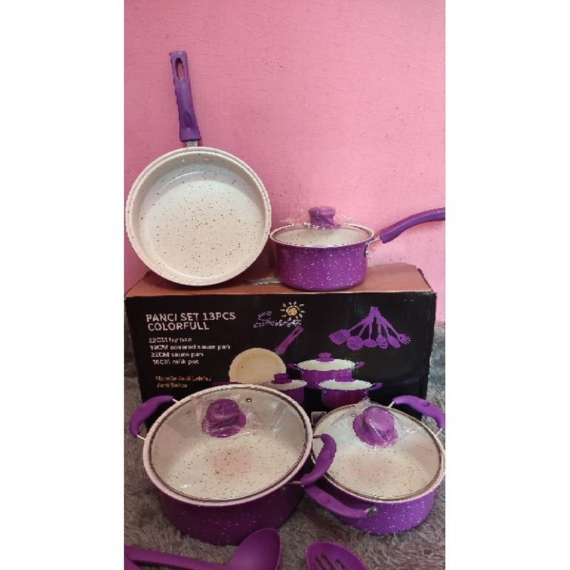 Panci set cookware tutup kaca 13pcs warna ungu