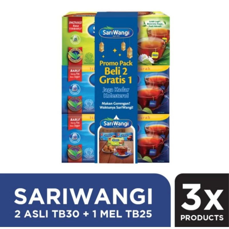 

Teh Celup Sariwangi Beli 2 Gratis 1 Sariwangi isi 30kantong (2pcs Biru 30kantong + 1pcs Hijau 25kantong)