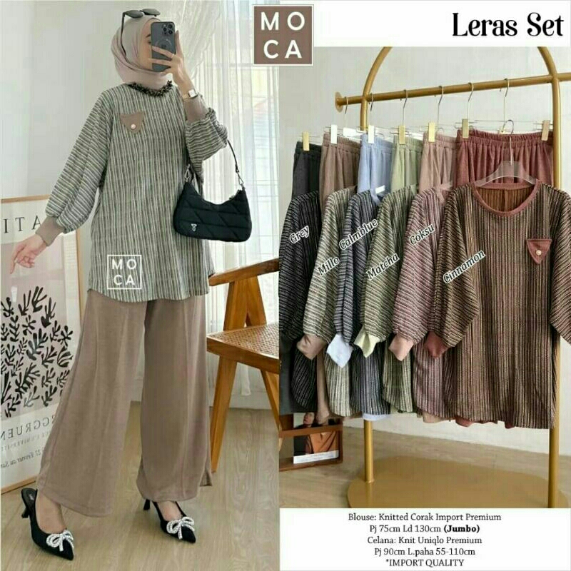 Leras Set warna coklat susu biru setelan wanita celana panjang muslimah bahan knit rajut Knitted Cor