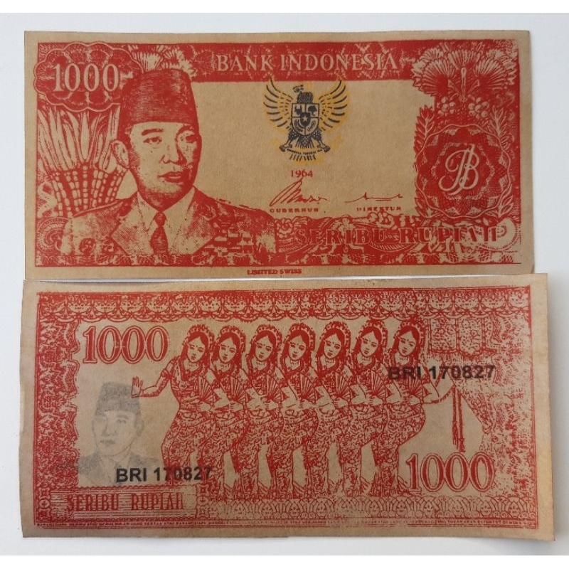 uang souvenir 1000 sukarno melengkung 1964 gambar penari serimpi 7 datar soufenir 1.000 soekarno