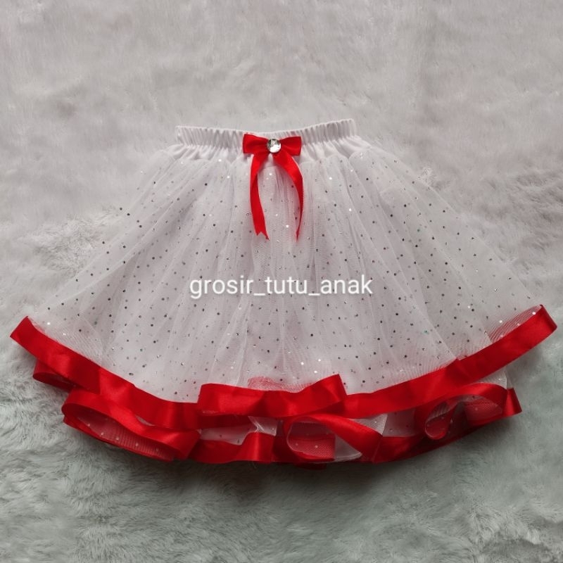Namira Rok Tutu Dua Susun Tile Glitter Pita Satin Usia 1-12 Tahun - Rok Tile Putih List Pita Merah -