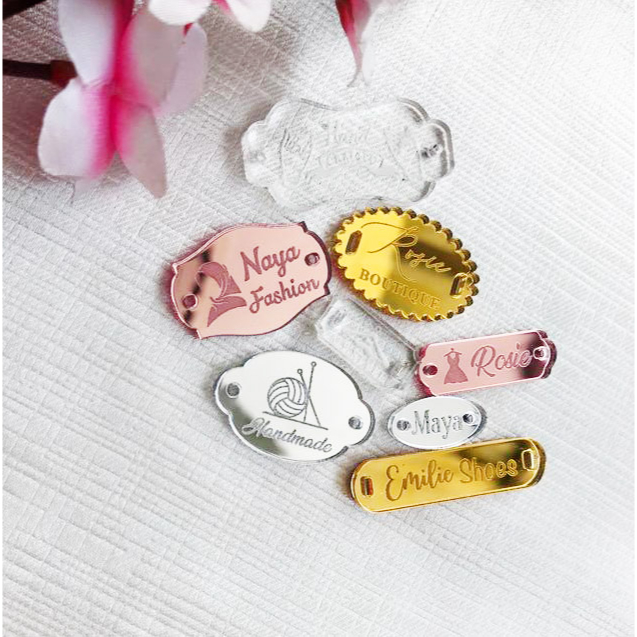 Label tag acrylic brand baju hijab merk sepatu gamis tas rajut pakaian