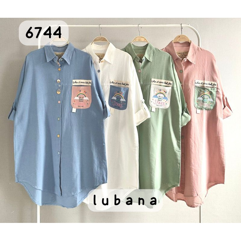 Tunik Kemeja Katun Linen Import Kerah Kemeja Kantong Depan LuBaNa#6744