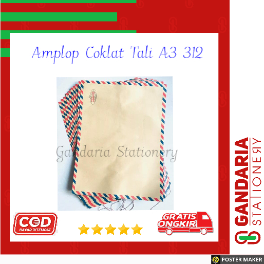 

Amplop Tali Coklat airmail/ Amplop Surat A3 Bhg 312