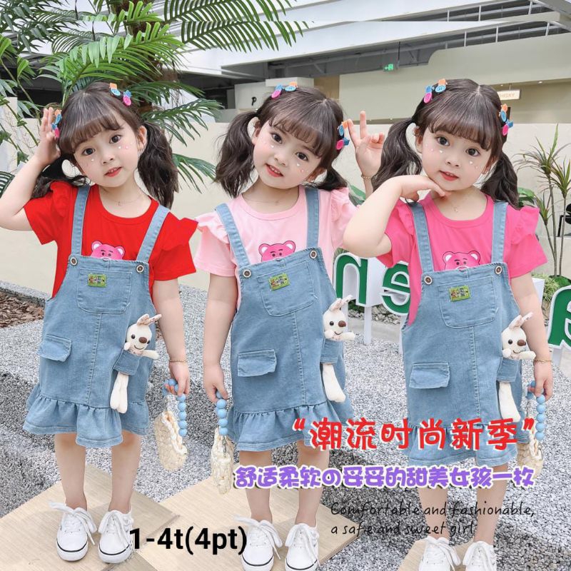 overall engel import baju lengan pendek dan rok jeans/ baju Setelan rok kodok anak perempuan import/