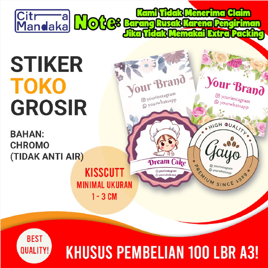 Cetak Sticker Chromo Grosir A3 Ukuran Kecil | Stiker Botol Minuman Label Custom | Logo Label Makanan