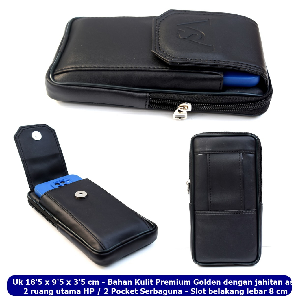 Dompet 2 Ruang Kulit Emperor HP Pinggang Kombinasi Emboss Black