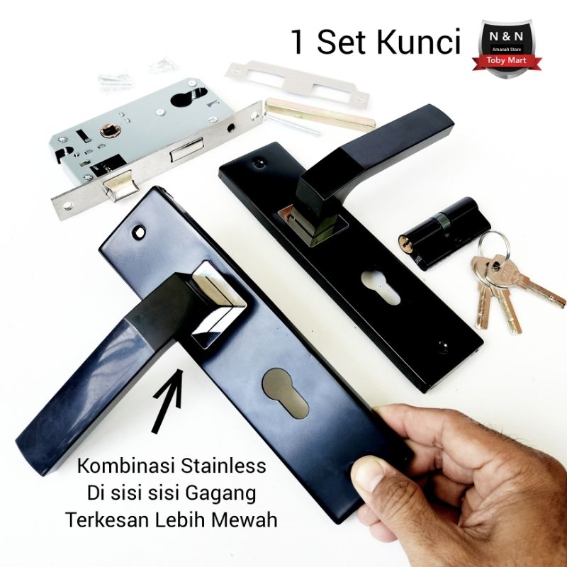 Kunci pintu rumah Hitam - Gagang Handle pintu rumah stainless 1set kunci