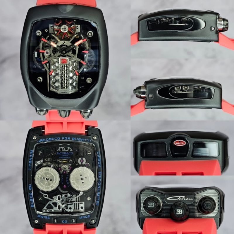Jam tangan Swiss Pria JACOB & CO Bugatti Chiron Red Rubber Automatic Decorated with Winder display b