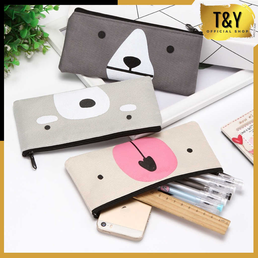 

T&Y kotak Pensil Kain Kanvas Karakter Bear Lucu Tempat Pensil Serbaguna Motif Doggy Dompet Pensil Canvas Gambar Hewan Tempat Penyimpanan Alat Tulis