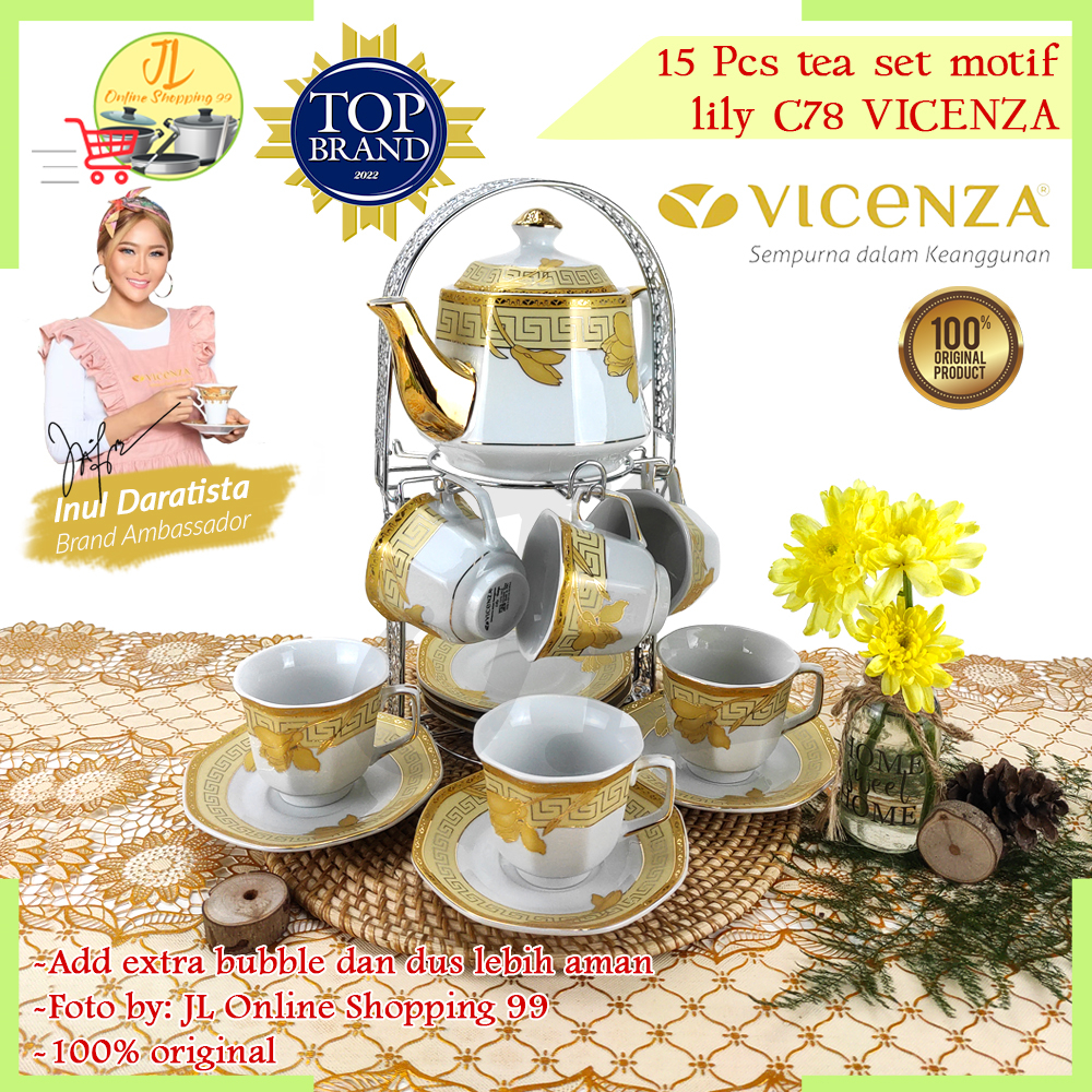 VICENZA Tea set porcelain motif C-78 Lily / cangkit set + teko / gelas teh kopi + tatakan