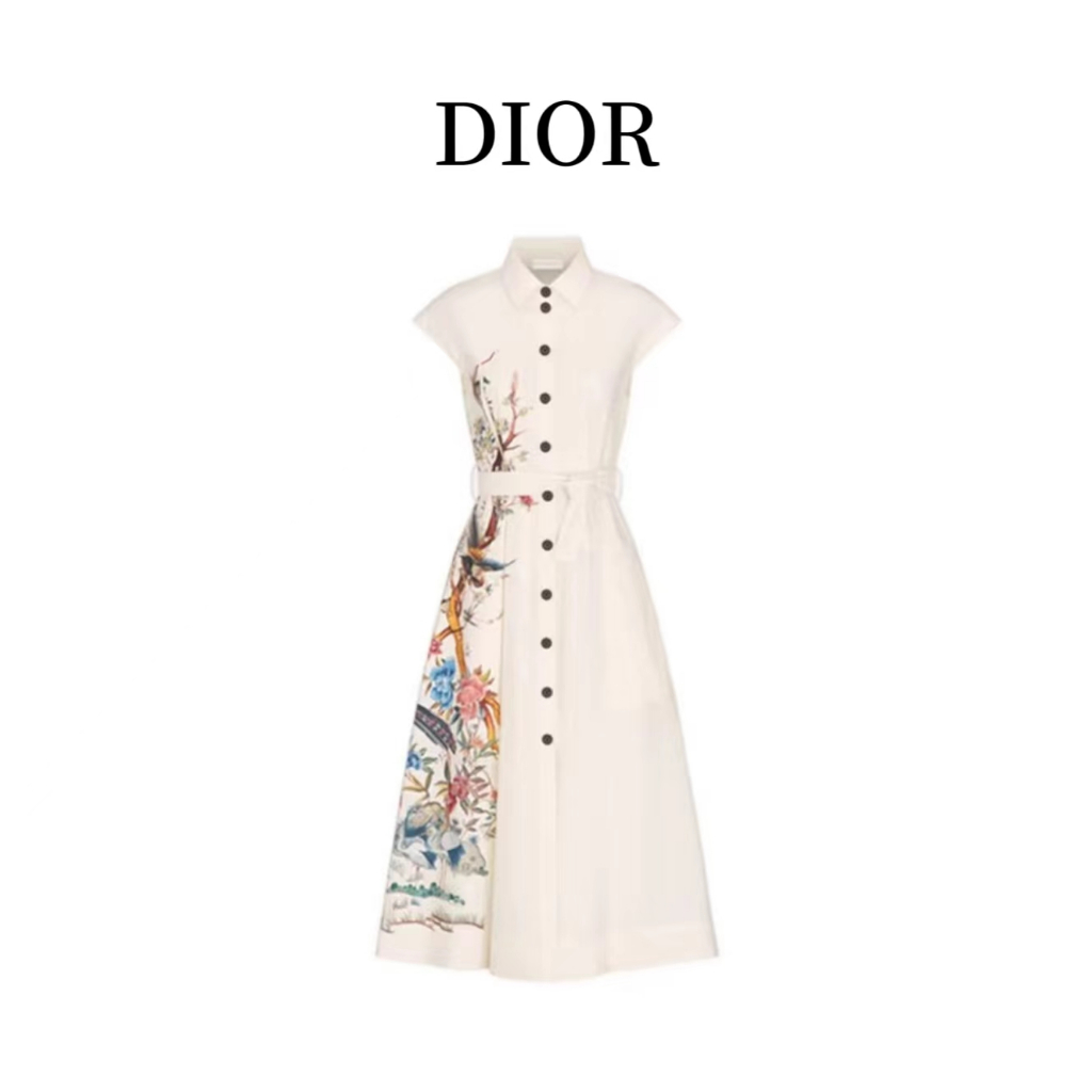 Dior Spring/Summer 23 Flower and Bird Print Polo Neck Shirt Style Sleeveless Mid length Dress Long D
