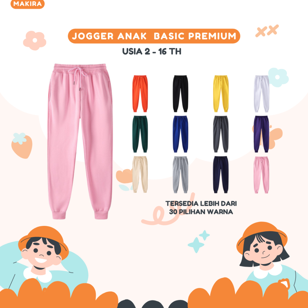 Celana Jogge Joger Training Trening Olahraga Anak Perempuan Cewek Cowok Polos Warna Pink Bahan Fleec
