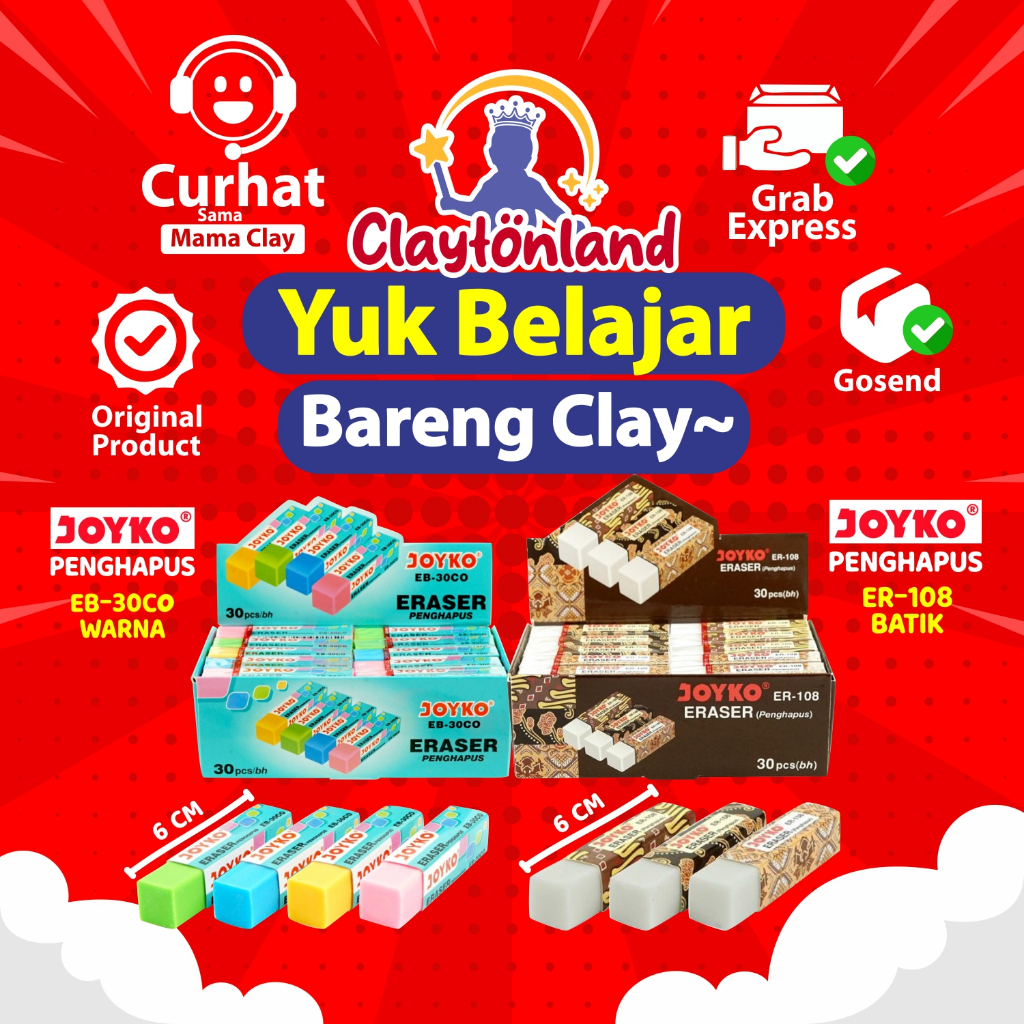 

ECER 1PCS Eraser / Penghapus Joyko ER-108 Batik EB-30CO Warna Warni / Penghapus Putih Warna ORIGINAL JOYKO