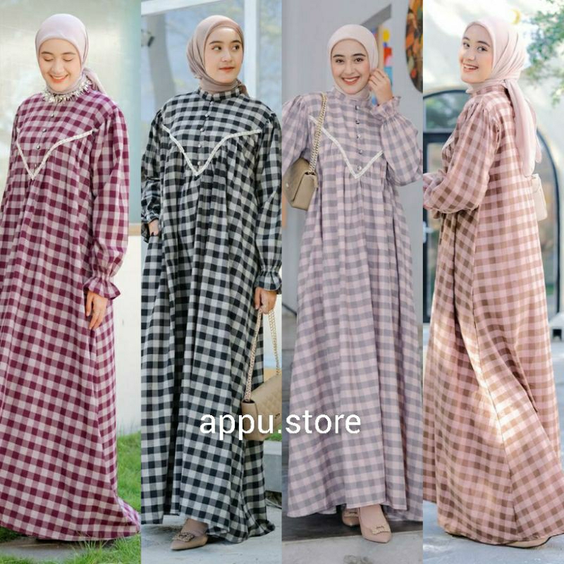 Vente Daily Fanya Maxy Dress Wanita Muslim Kekinian Jumbo Katun Square Premium Motif Kotak Kotak Gri