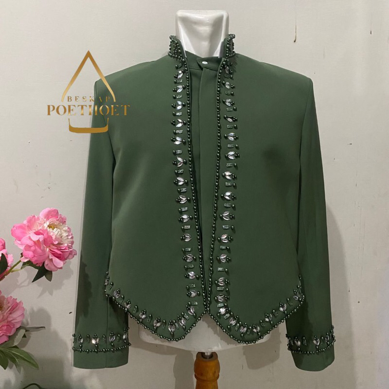 jas pengantin beskap jawa Solo hijau Sage green bahan halus premium matte tidak mengkilap belakang k