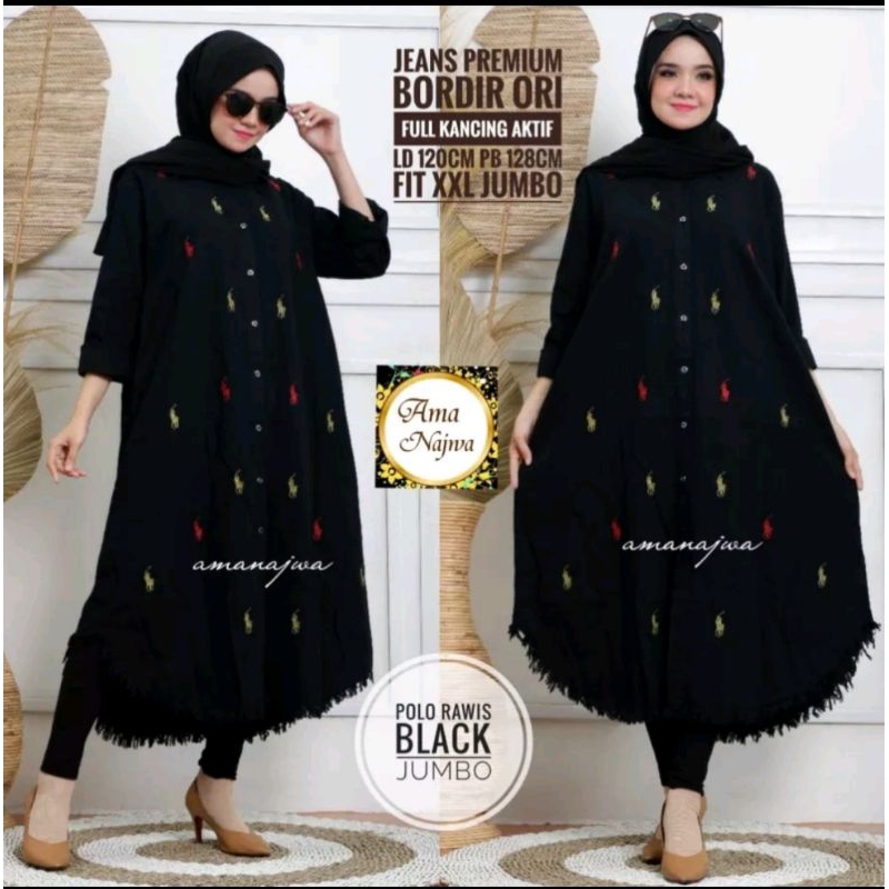 POLO JUMBO LONG TUNIK JEANS ORIGINAL QAISARA / TUNIK JEANS / LONG TUNIK / BUSUI KANCING BORDIR ASLI