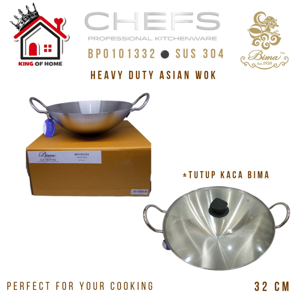 Bima Chefs Heavy Duty Asian Wok 32cm 36cm Wajan Hongkong stainless 304 Wokpan BP0101332 BP0101336