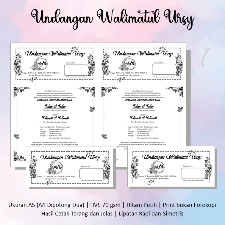 Undangan Walimah Walimatul Ursy Pernikahan – A5 Hitam Putih Landscape - Tanpa PO Proses Cepat