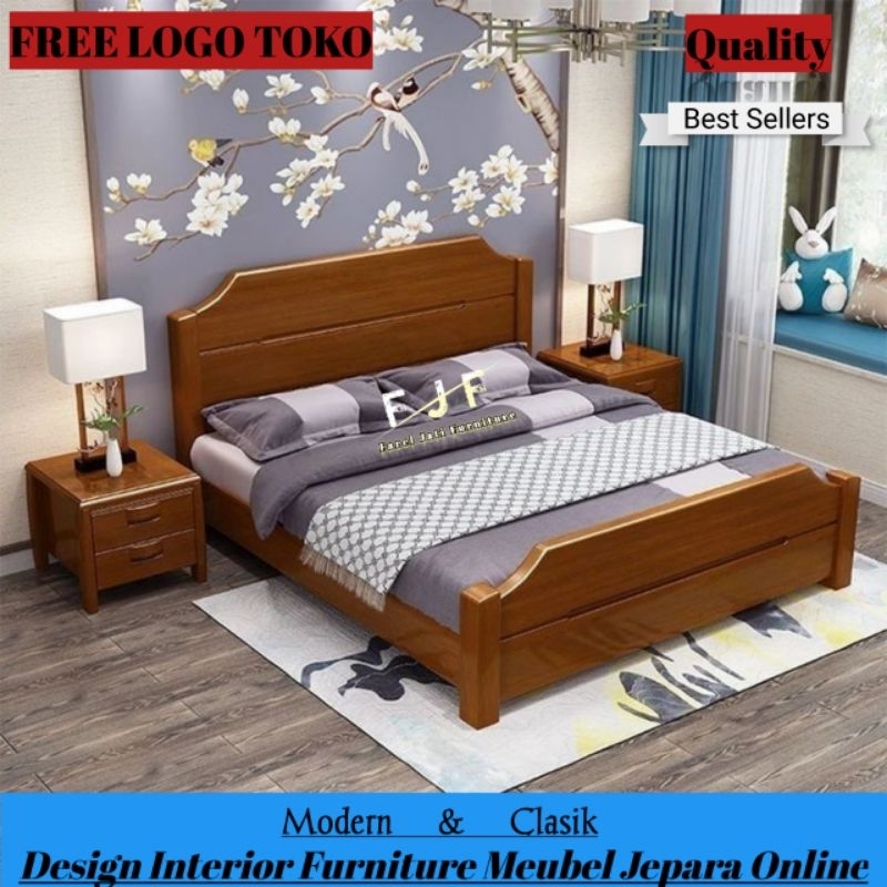 Set Tempat Tidur Minimalis Modern Dipan Kayu Jati Plus 2 Nakas Tempat Tidur Divan