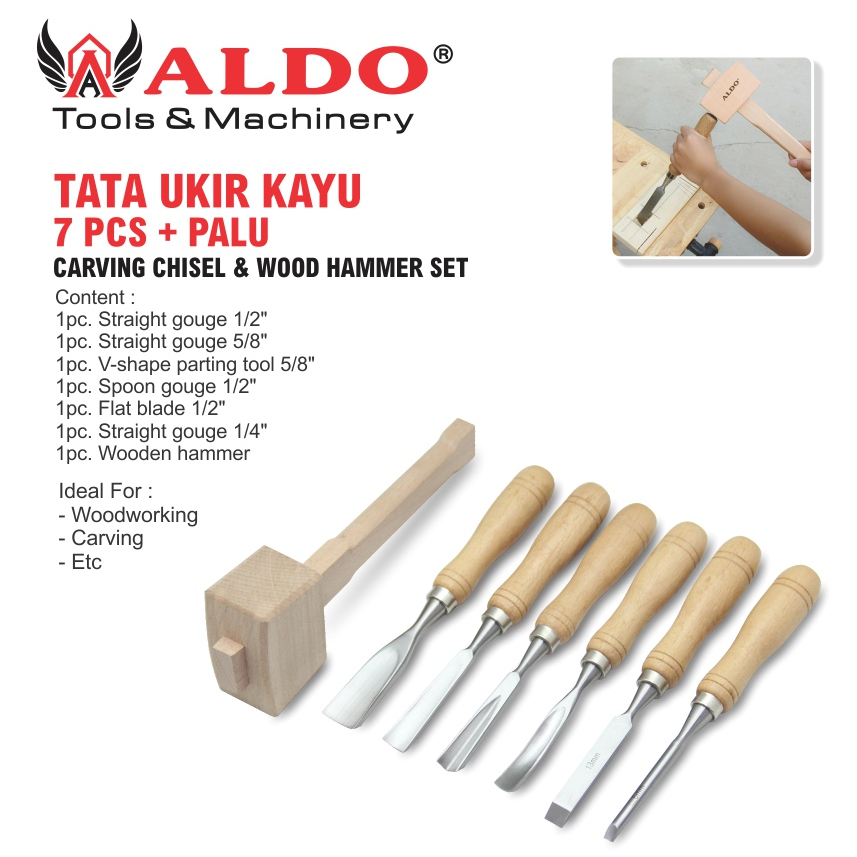 TATA UKIR KAYU 7 PCS + PALU / ALAT PAHAT MANUAL + PALU MERK ALDO