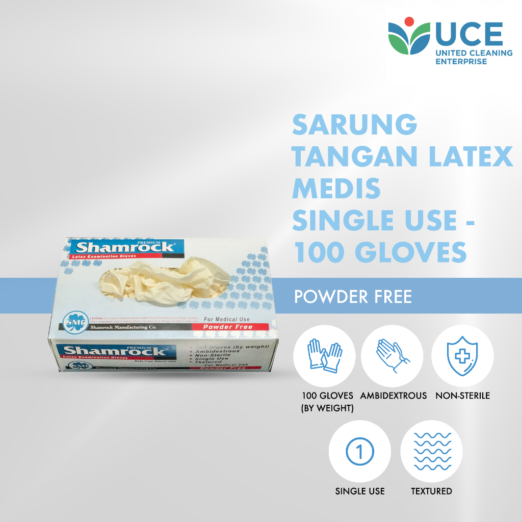 SHAMROCK Sarung Tangan Latex Medis Powder Free Premium Single Use isi 100Gloves
