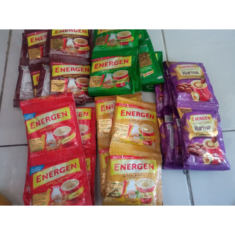 

Energen coklat, vanila, kacang hijau, jahe, kurma harga per renteng isi 10 sachet