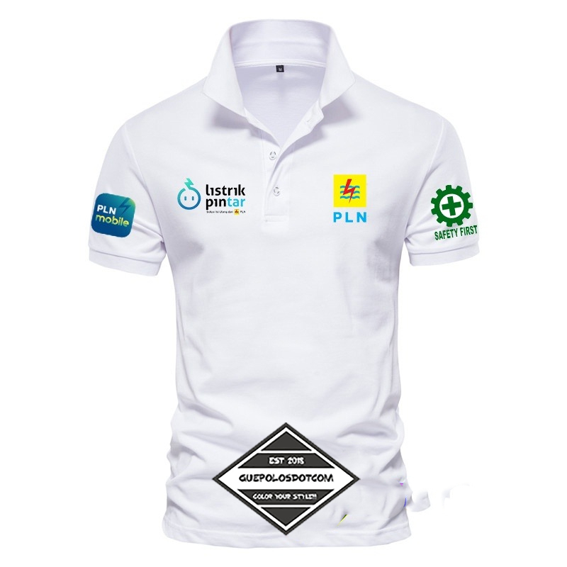 TYPE 01 - BAJU kerah mode polo LISTRIK PINTAR Depan LOGO PLN - BAJU PLN MOBILE dan logo safety first