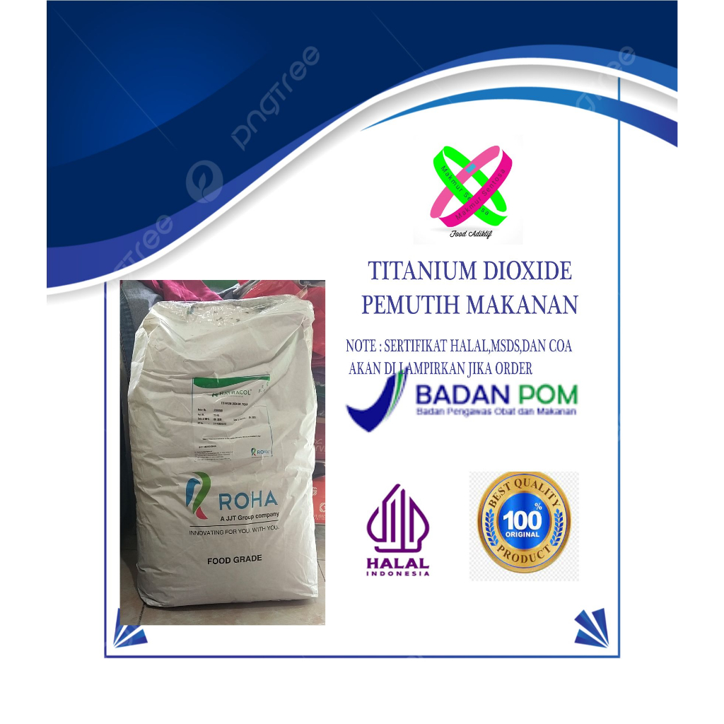 

TITANIUM DIOXIDE FOOD GRADE/ PEMUTIH MAKANAN / PEMUTIH BASO,OTAK OTAK DLL PACKINGAN 1 KG DAN 25 KG BERSERTIFKAT HALAL MUI