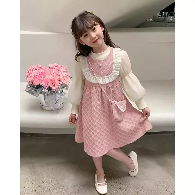 Dress Import Anak Perempuan Usia 1-4 Tahun | Dress Waffle Free Tas Model Lengan Panjang Sweet Bludru