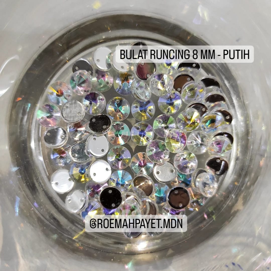 (GRADE B) BATU / PAYET AKRILIK / PAYET KRISTAL JAHIT / RESIN TAIWAN : BULAT UK. 8 MM - PELANGI / AB