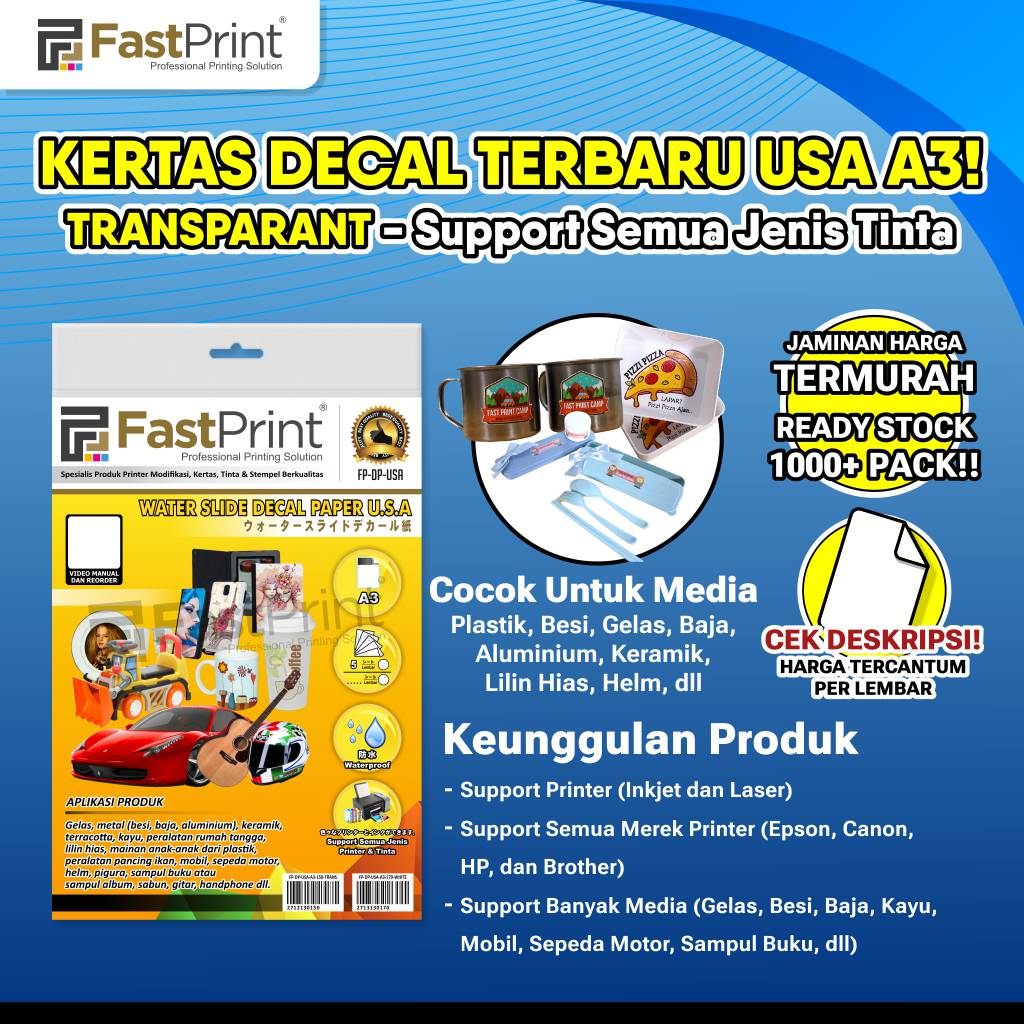 

Kertas Water Slide Decal Paper USA Transparant Ukuran A3 150 Gram Fast Print